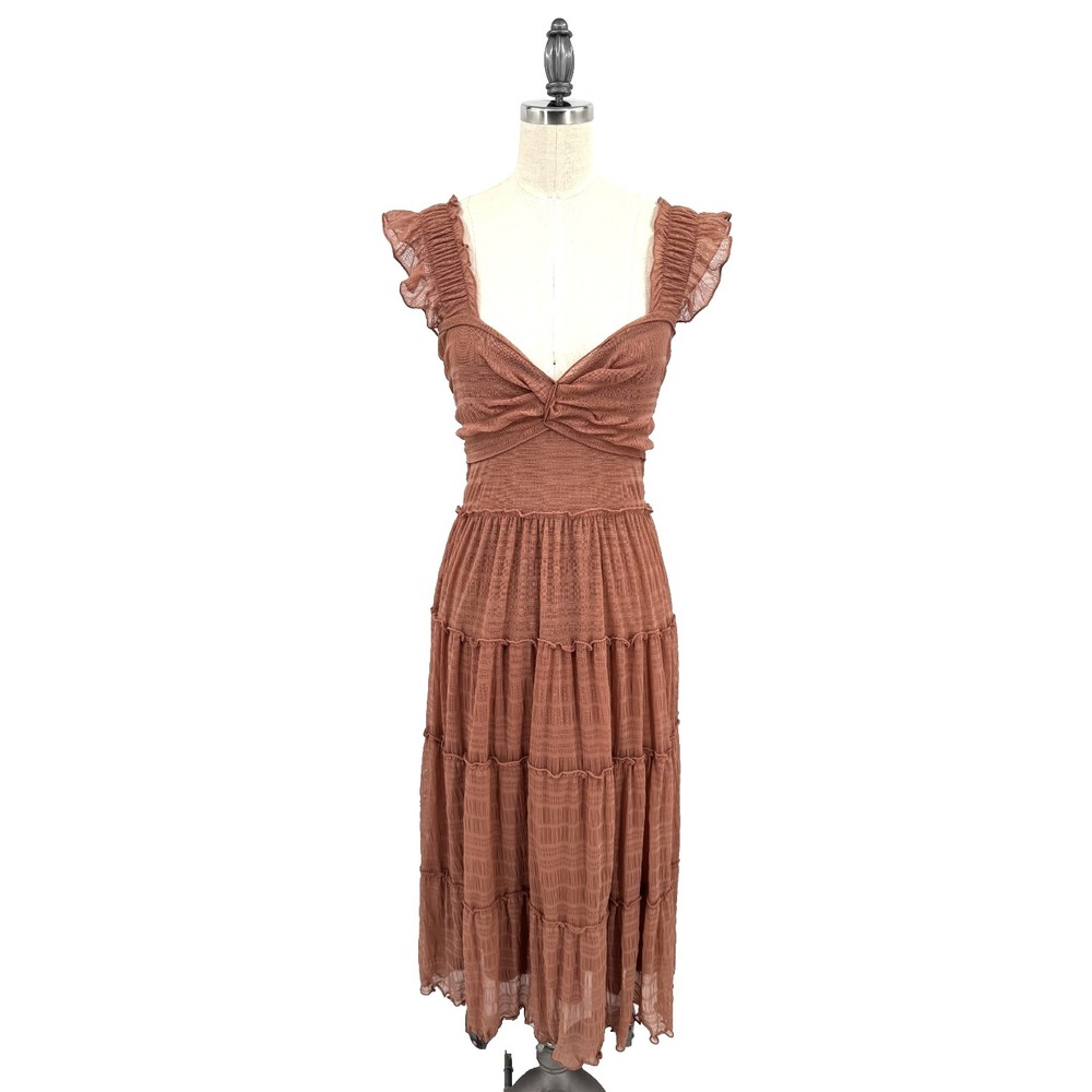 Max Studio London Tiered Midi Dress Ruffle Strap Ruched Bust Brown Women's L NWT - Picture 2 of 12